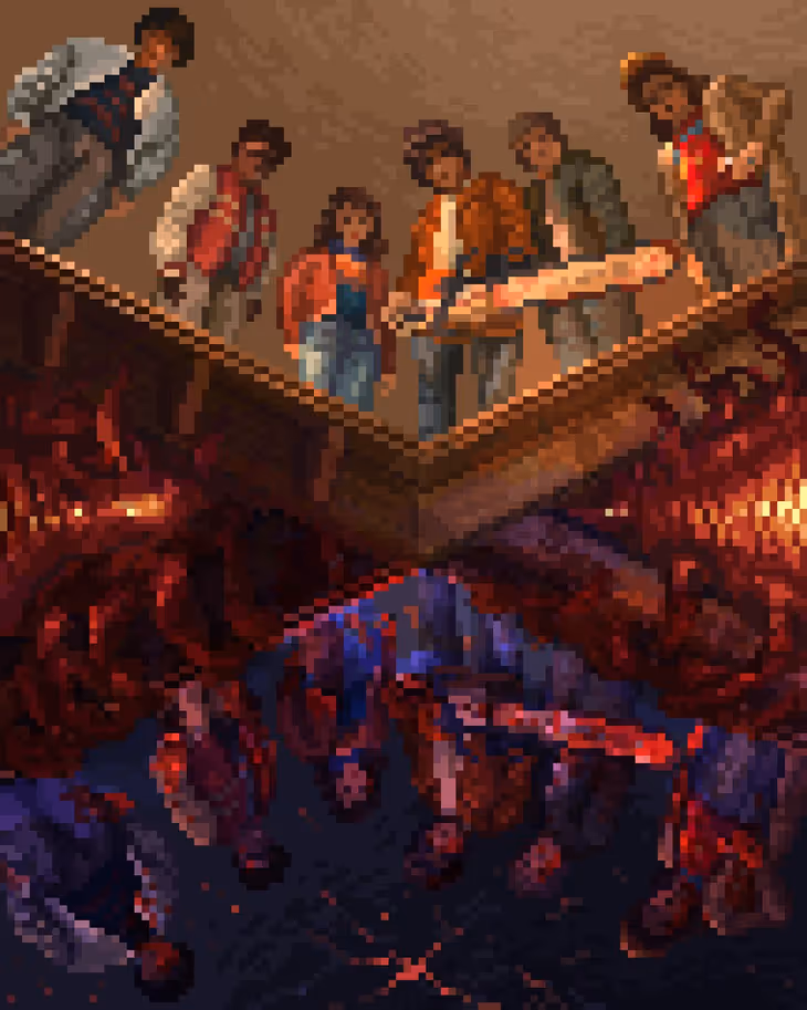 Pixel art of Stranger Things characters standing on cracking ground above the Upside Down