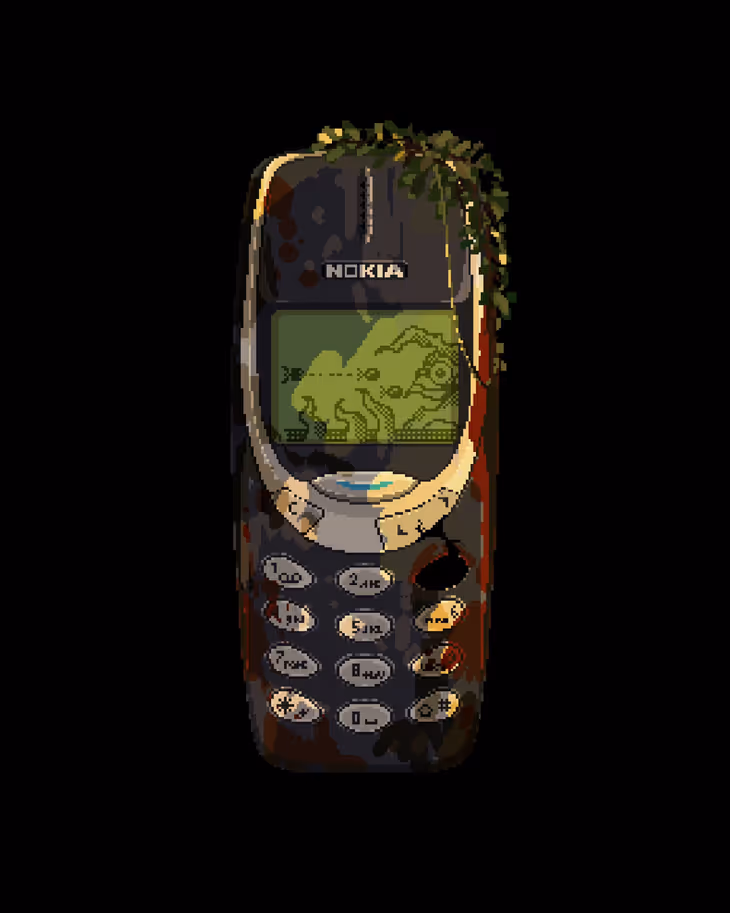 Pixel art of a weathered Nokia 3310 overgrown with vines, Snake game on its screen