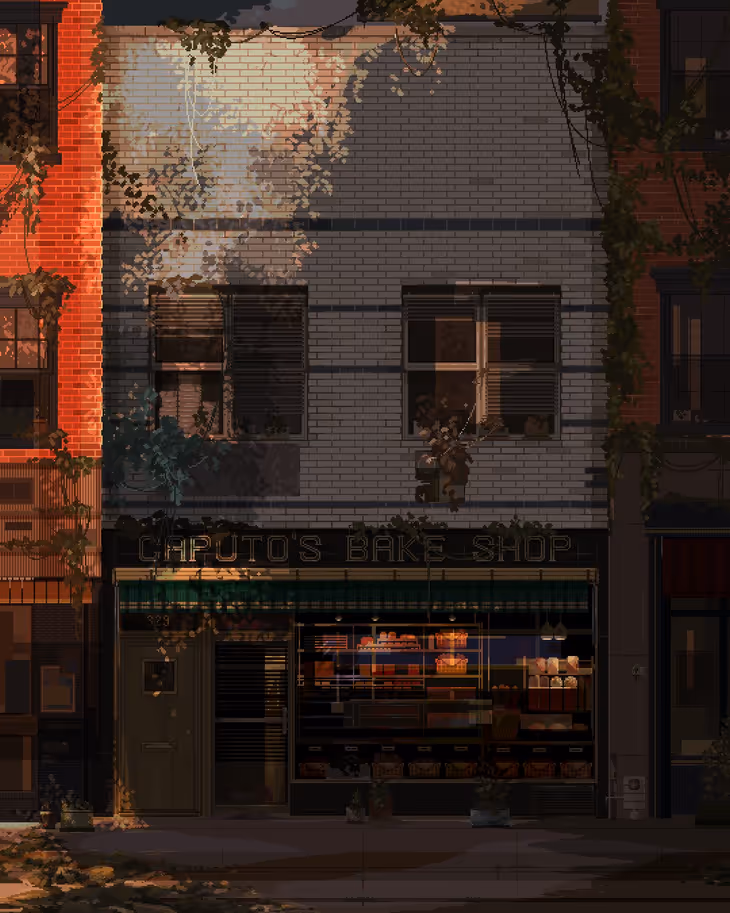 Pixel art of Caputo's Bake Shop storefront glowing at golden hour