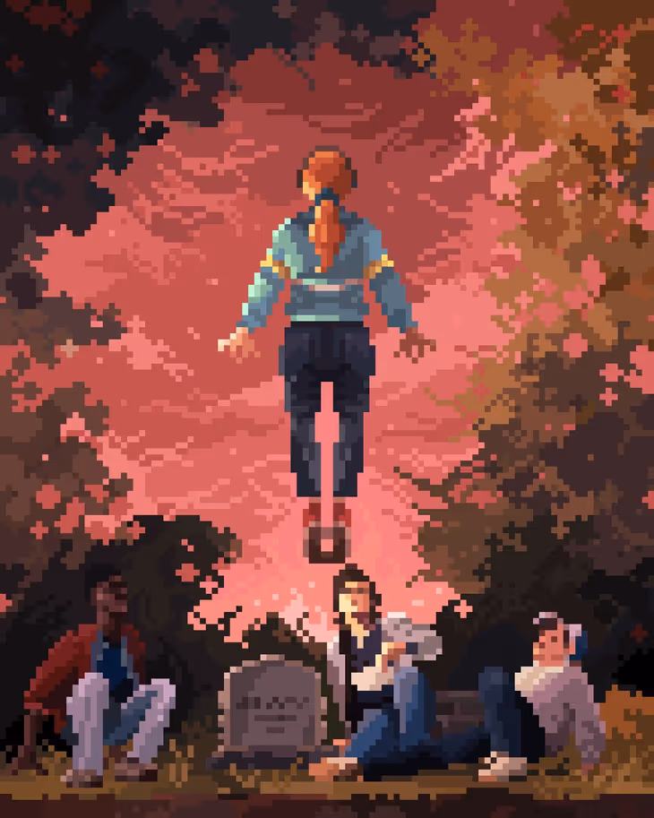 Pixel art of a girl levitating above a graveyard under a pink sky, Stranger Things fan art