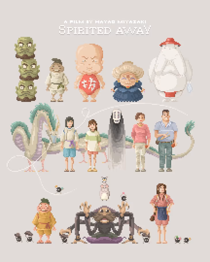 Pixel art Spirited Away character sheet featuring Chihiro, No-Face, Haku, and other characters