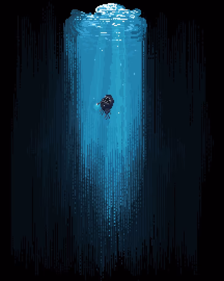 Pixel art of a fish swimming through a deep ocean with a beam of light from above